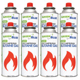 8 st. GreenBlue-gaspatroner à 227 g. Certifikat: Pi 0875, uppfyller standarden EN 417, butan, användningstemperatur -10 °C till +40 °C, GB227