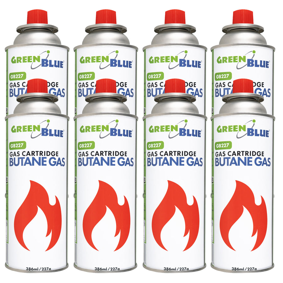 8 st. GreenBlue-gaspatroner à 227 g. Certifikat: Pi 0875, uppfyller standarden EN 417, butan, användningstemperatur -10 °C till +40 °C, GB227