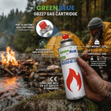 12 gaspatroner à 227 g GreenBlue. Certifikat: Pi 0875, uppfyller standarden EN417, butan, användningstemperatur -10 °C till +40 °C, GB227