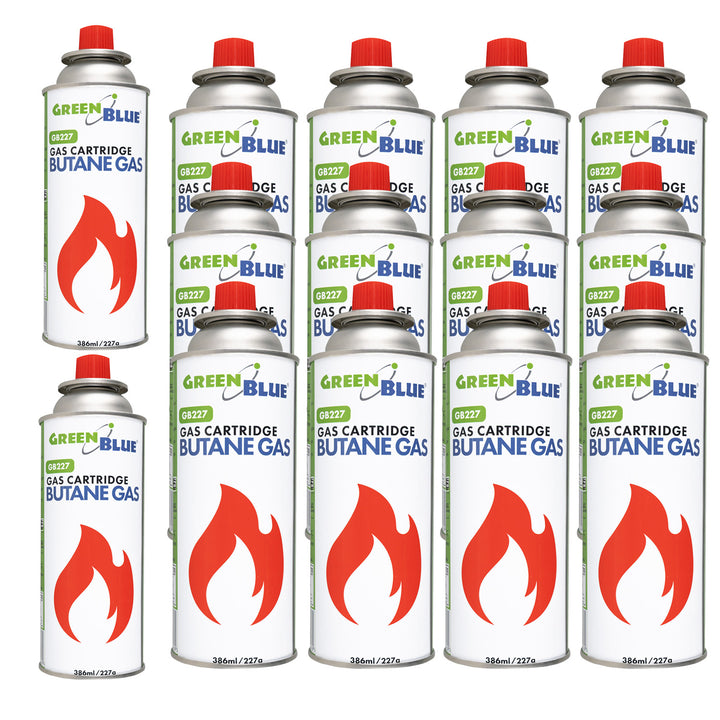 14 gaspatroner à 227 g GreenBlue. Certifikat: Pi 0875, uppfyller standarden EN417, butan, användningstemperatur -10 °C till +40 °C, GB227