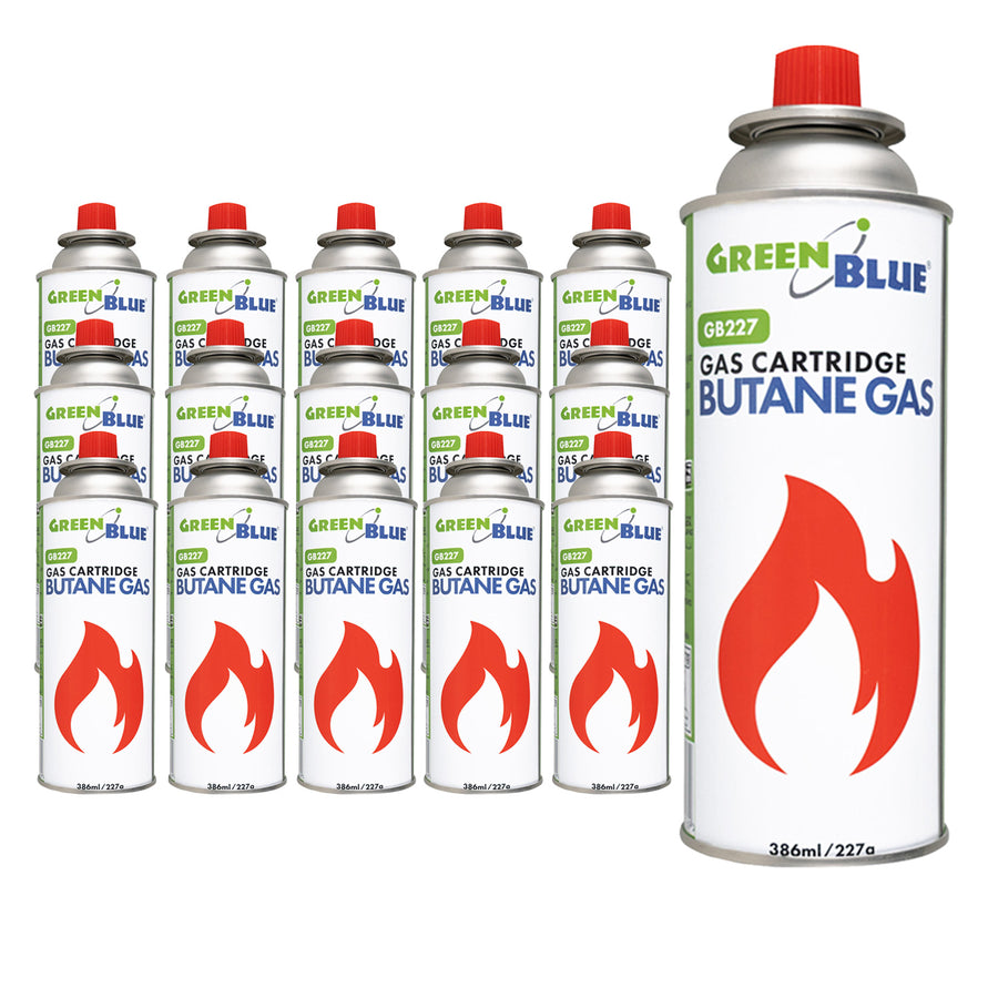 16 gaspatroner à 227 g GreenBlue. Certifikat: Pi 0875, uppfyller standarden EN 417, butan, användningstemperatur -10 °C till +40 °C, GB227