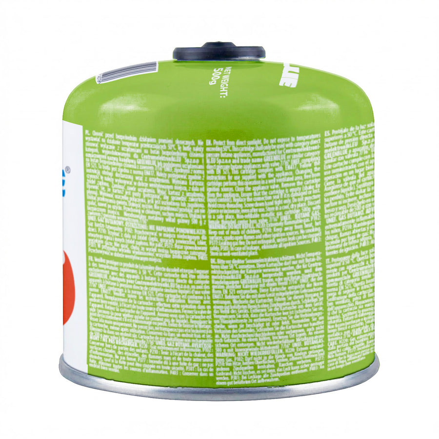 4 st. GreenBlue-gaspatroner à 500 g. Certifikat: Pi 0437, uppfyller EN417, butan-propan, användningstemperatur -10 °C till +40 °C, gängad ventil 7/16'' GB499