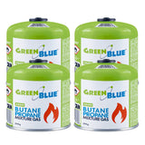 4 st. GreenBlue-gaspatroner à 500 g. Certifikat: Pi 0437, uppfyller EN417, butan-propan, användningstemperatur -10 °C till +40 °C, gängad ventil 7/16'' GB499