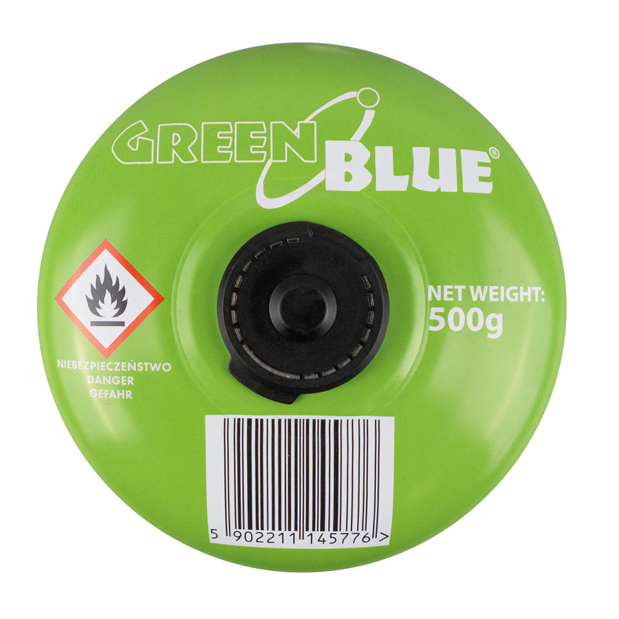 6 st. GreenBlue-gaspatroner à 500 g. Certifikat: Pi 0437, uppfyller EN417, butan-propan, användningstemperatur -10 °C till +40 °C, gängad ventil 7/16'' GB499