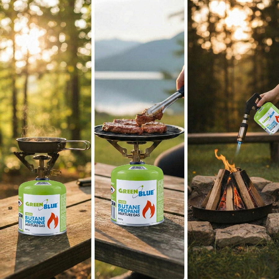 6 st. GreenBlue-gaspatroner à 500 g. Certifikat: Pi 0437, uppfyller EN417, butan-propan, användningstemperatur -10 °C till +40 °C, gängad ventil 7/16'' GB499