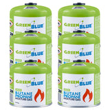 6 st. GreenBlue-gaspatroner à 500 g. Certifikat: Pi 0437, uppfyller EN417, butan-propan, användningstemperatur -10 °C till +40 °C, gängad ventil 7/16'' GB499