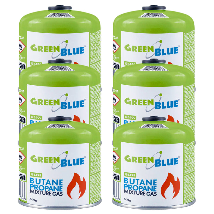 6 st. GreenBlue-gaspatroner à 500 g. Certifikat: Pi 0437, uppfyller EN417, butan-propan, användningstemperatur -10 °C till +40 °C, gängad ventil 7/16'' GB499