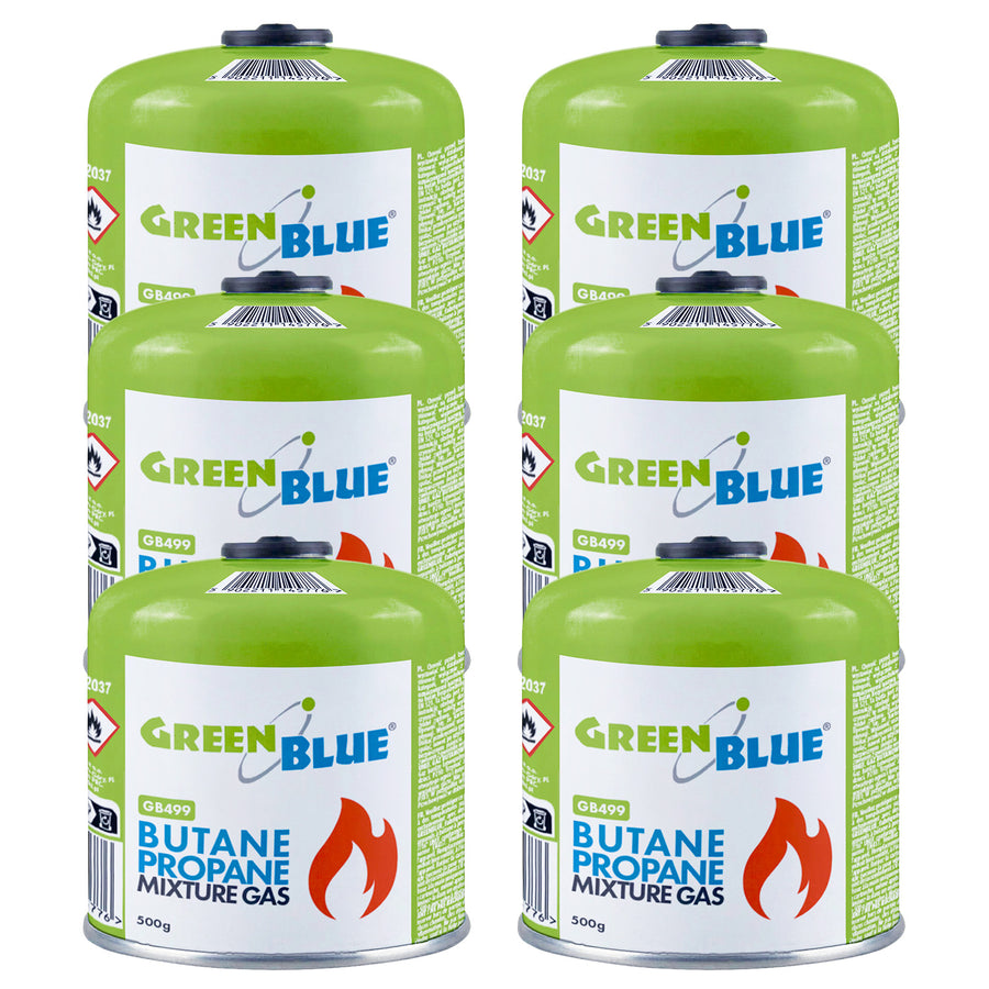 6 st. GreenBlue-gaspatroner à 500 g. Certifikat: Pi 0437, uppfyller EN417, butan-propan, användningstemperatur -10 °C till +40 °C, gängad ventil 7/16'' GB499