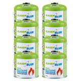 8 gaspatroner à 500 g GreenBlue. Certifikat: Pi 0437, uppfyller EN417, butan-propan, användningstemperatur -10 °C till +40 °C, gängad ventil 7/16'' GB499