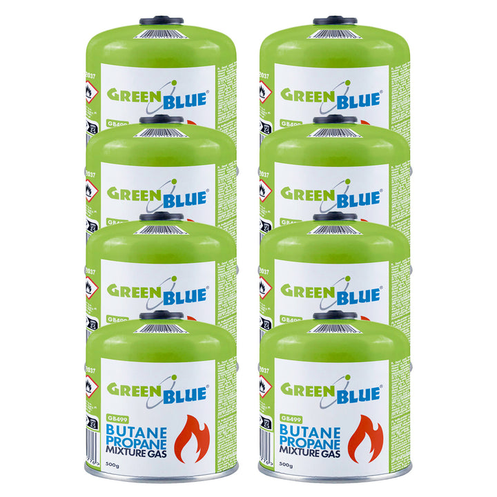8 gaspatroner à 500 g GreenBlue. Certifikat: Pi 0437, uppfyller EN417, butan-propan, användningstemperatur -10 °C till +40 °C, gängad ventil 7/16'' GB499
