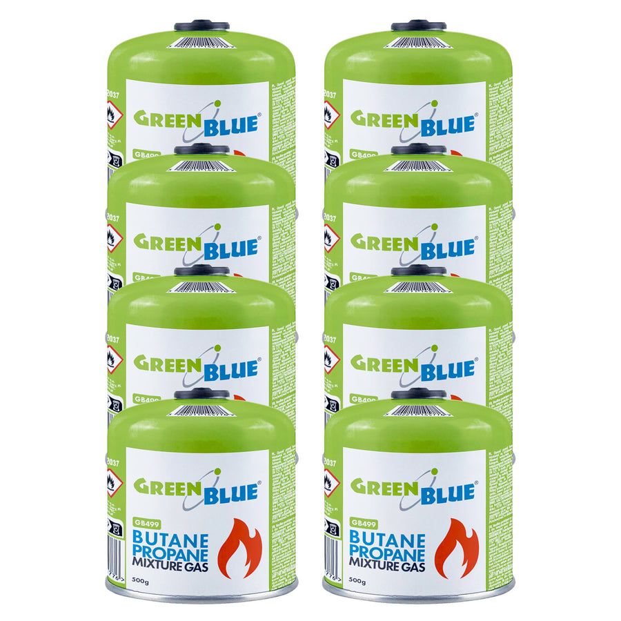 8 gaspatroner à 500 g GreenBlue. Certifikat: Pi 0437, uppfyller EN417, butan-propan, användningstemperatur -10 °C till +40 °C, gängad ventil 7/16'' GB499