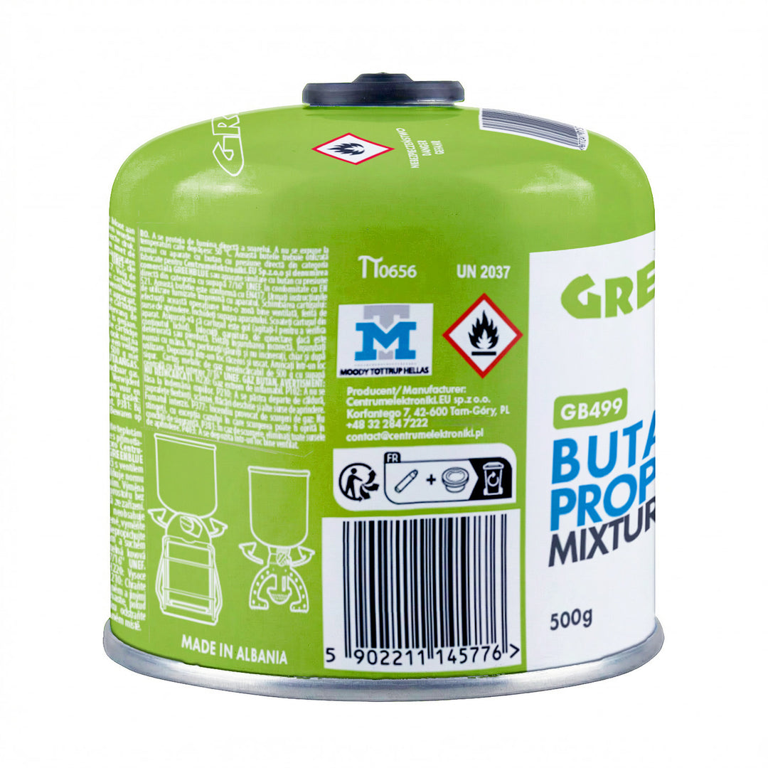10 st. GreenBlue-gaspatroner à 500 g. Certifikat: Pi 0437, uppfyller EN417, butan-propan, användningstemperatur -10 °C till +40 °C, gängad ventil 7/16'' GB499