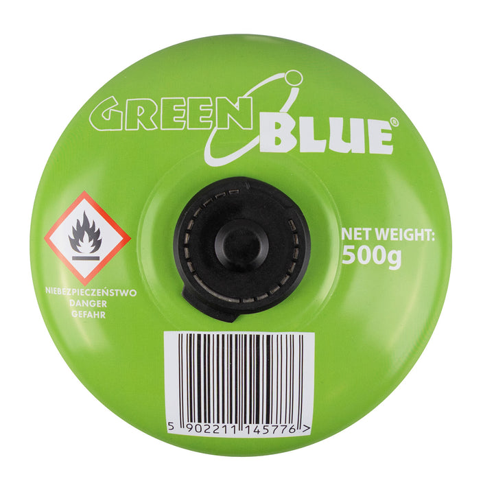10 st. GreenBlue-gaspatroner à 500 g. Certifikat: Pi 0437, uppfyller EN417, butan-propan, användningstemperatur -10 °C till +40 °C, gängad ventil 7/16'' GB499