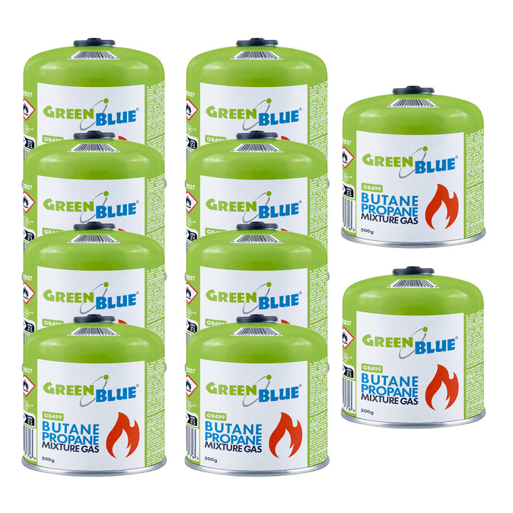 10 st. GreenBlue-gaspatroner à 500 g. Certifikat: Pi 0437, uppfyller EN417, butan-propan, användningstemperatur -10 °C till +40 °C, gängad ventil 7/16'' GB499