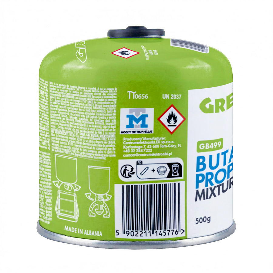 12 gaspatroner à 500 g GreenBlue. Certifikat: Pi 0437, uppfyller EN417, butan-propan, användningstemperatur -10 °C till +40 °C, gängad ventil 7/16'' GB499