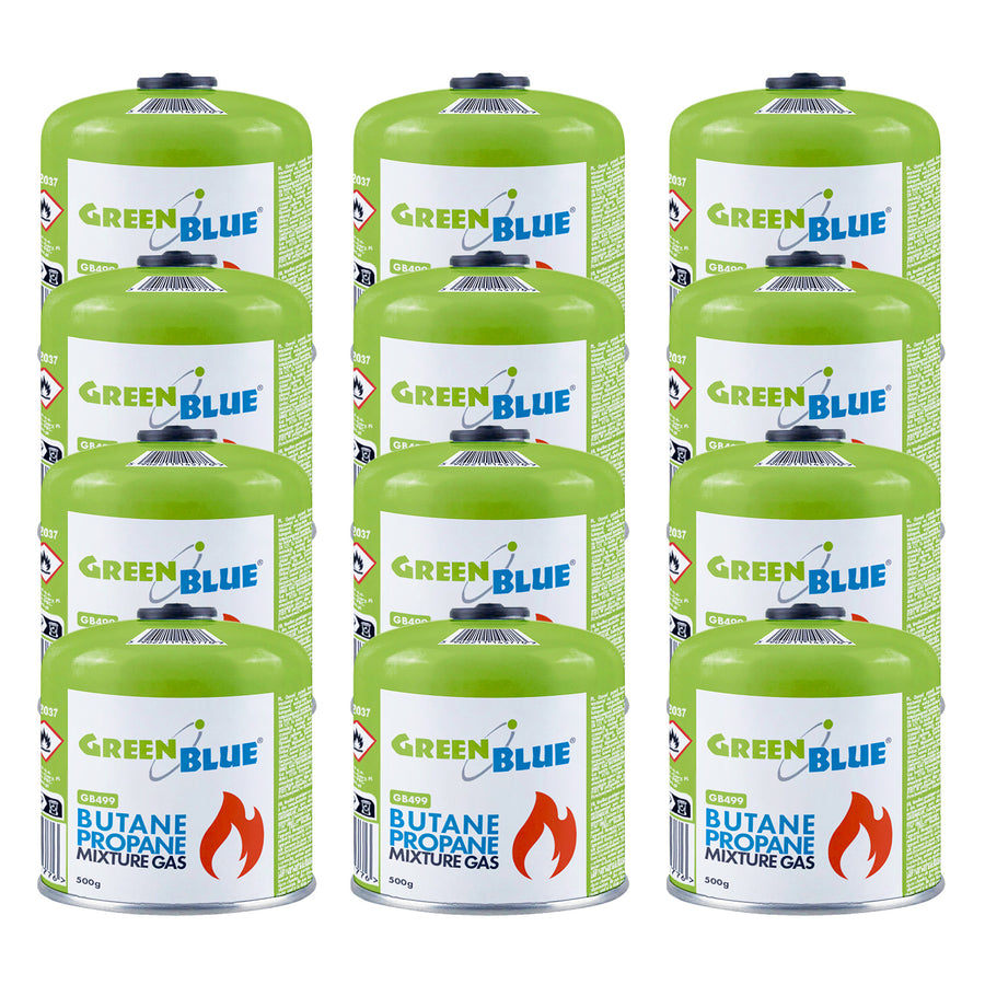 12 gaspatroner à 500 g GreenBlue. Certifikat: Pi 0437, uppfyller EN417, butan-propan, användningstemperatur -10 °C till +40 °C, gängad ventil 7/16'' GB499