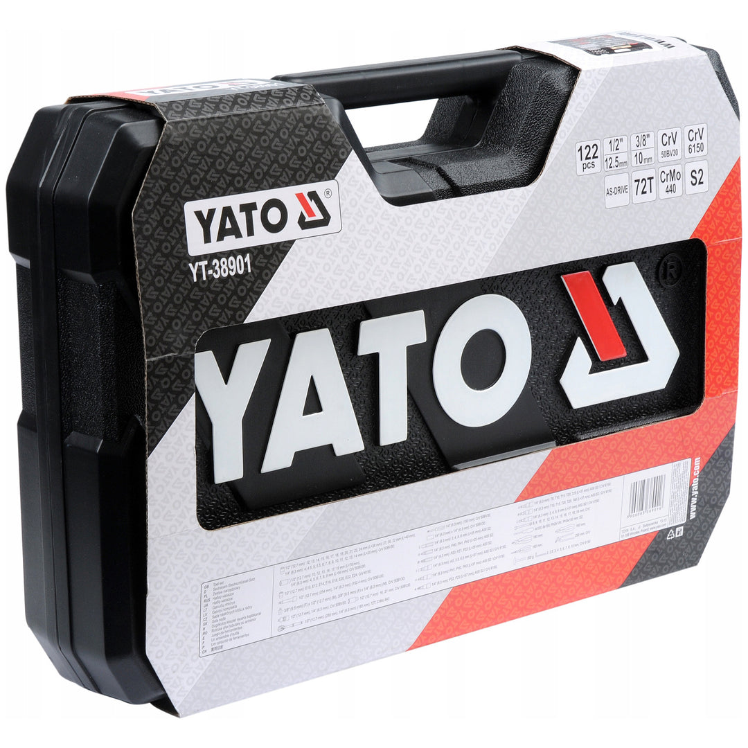 Professionellt verktygsset från Yato, 122 delar (skiftnycklar, hylsor, skruvmejslar, hammare), skruvmejslar med magnetiska och härdade spetsar, YT-38901