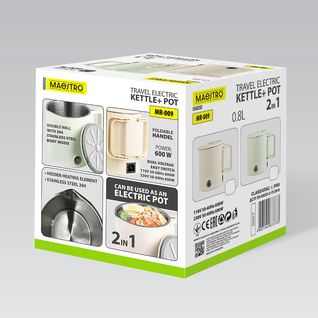 Maestro elektrisk vattenkokare/resekanna, 2-i-1, volym 0,8 l, effekt 600 W, fällbart handtag, spänningsomkopplare 110 V/230 V, mintgrön, MR-009-MINT