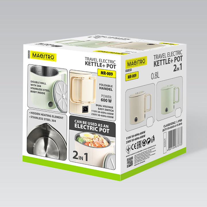 Maestro elektrisk vattenkokare/resekanna, 2-i-1, volym 0,8 l, effekt 600 W, fällbart handtag, spänningsomkopplare 110 V/230 V, mintgrön, MR-009-MINT