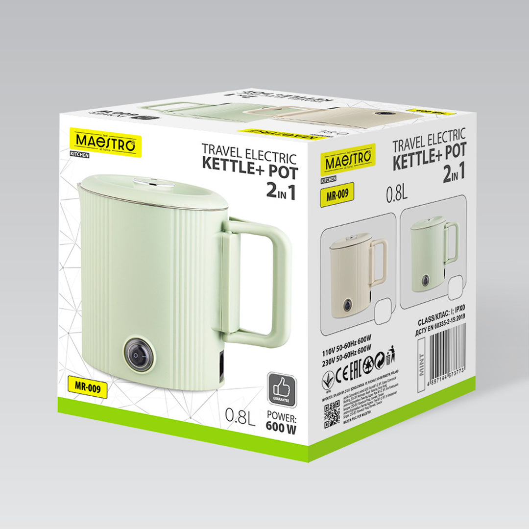Maestro elektrisk vattenkokare/resekanna, 2-i-1, volym 0,8 l, effekt 600 W, fällbart handtag, spänningsomkopplare 110 V/230 V, färg: beige, MR-009-BEIGE