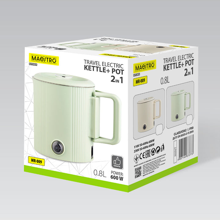 Maestro elektrisk vattenkokare/resekanna, 2-i-1, volym 0,8 l, effekt 600 W, fällbart handtag, spänningsomkopplare 110 V/230 V, färg: beige, MR-009-BEIGE