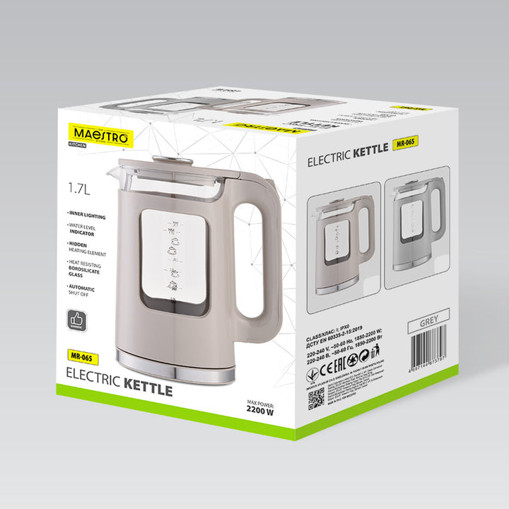 Maestro elektrisk vattenkokare i glas, volym 1,7 l, effekt 2200 W, vattennivåindikator, LED-belysning, vridbar bas, färg: grå, MR-065-GREY
