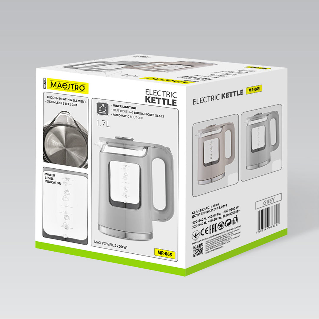 Maestro elektrisk vattenkokare i glas, volym 1,7 l, effekt 2200 W, vattennivåindikator, LED-belysning, vridbar bas, färg: grå, MR-065-GREY