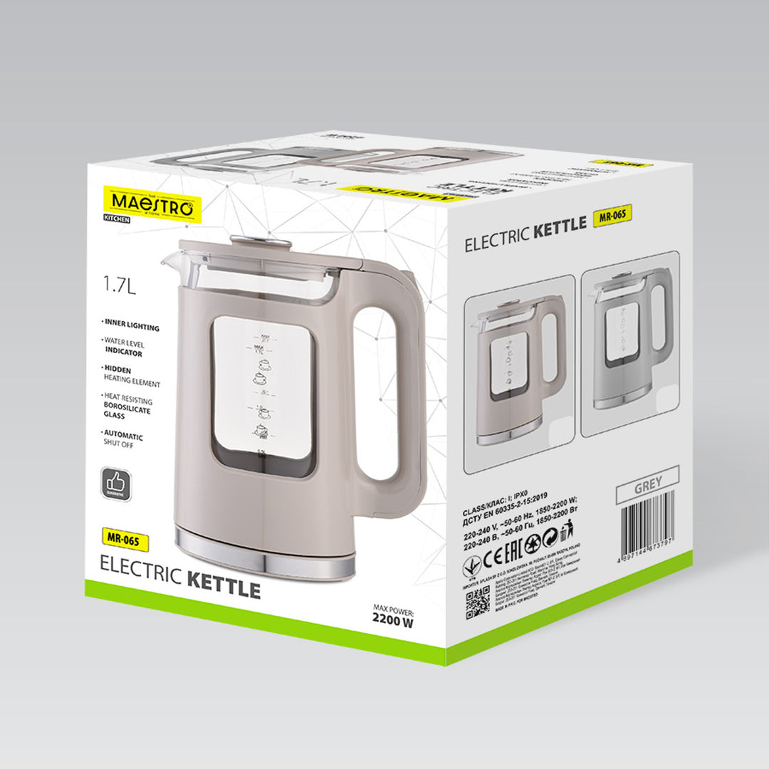 Maestro elektrisk vattenkokare i glas, volym 1,7 l, effekt 2200 W, vattennivåindikator, LED-belysning, vridbar bas, färg: beige, MR-065-BEIGE