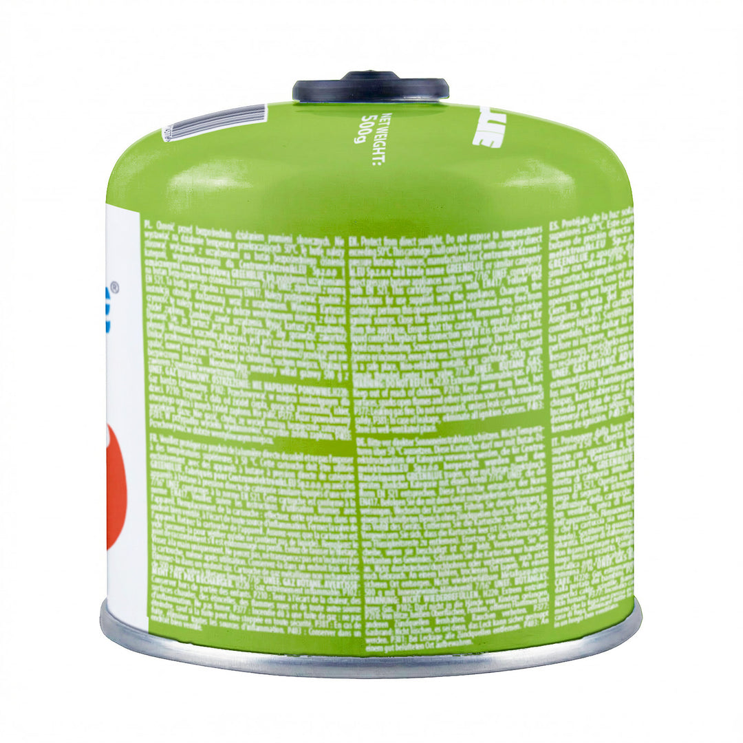 24 st. GreenBlue-gaspatroner à 500 g. Certifikat: Pi 0437, uppfyller EN417, butan-propan, användningstemperatur -10 °C till +40 °C, gängad ventil 7/16'' GB499