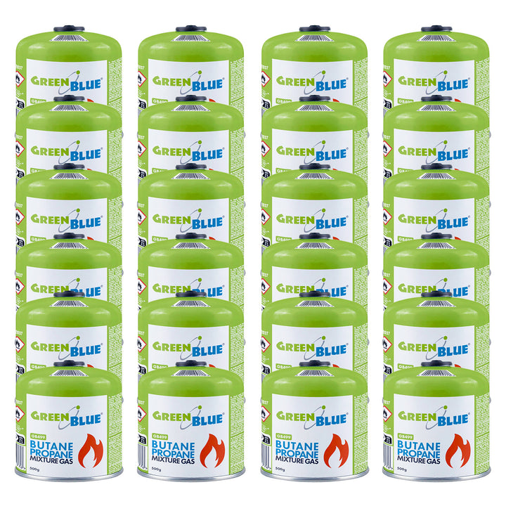24 st. GreenBlue-gaspatroner à 500 g. Certifikat: Pi 0437, uppfyller EN417, butan-propan, användningstemperatur -10 °C till +40 °C, gängad ventil 7/16'' GB499