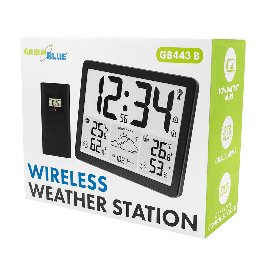 GreenBlue trådlös väderstation, temperatur + luftfuktighet IN/OUT, klocka/väckarklocka/datum, °C / °F, räckvidd upp till 60 m, GB443 B