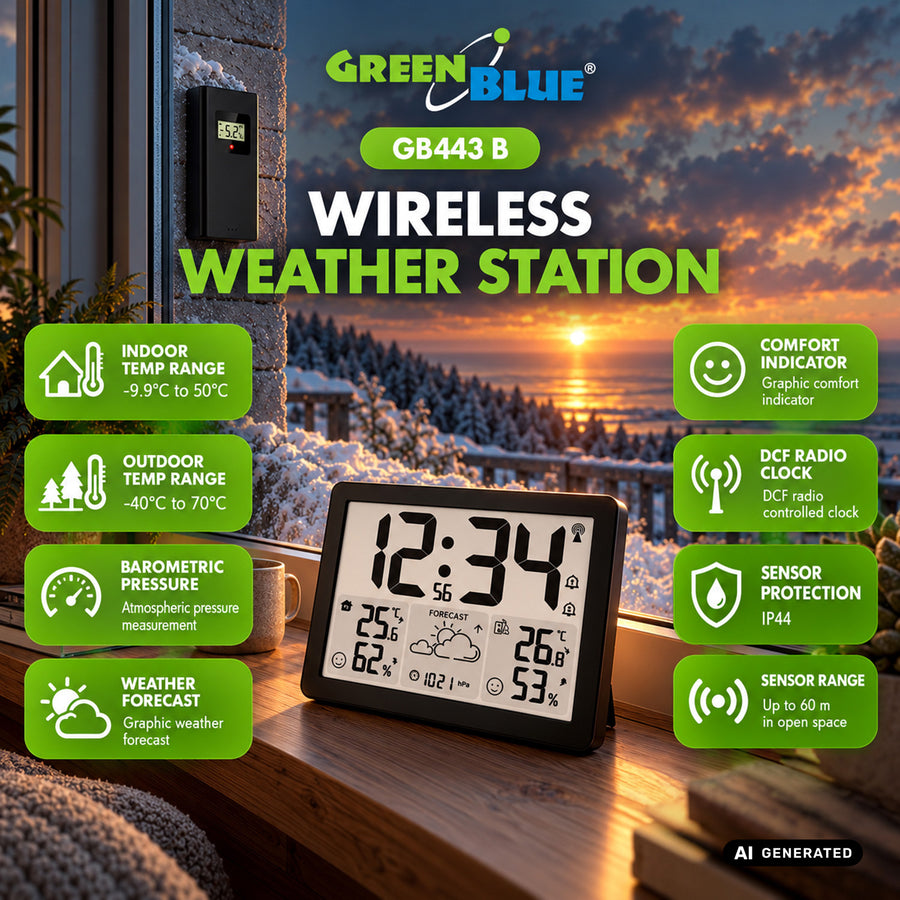 GreenBlue trådlös väderstation, temperatur + luftfuktighet IN/OUT, klocka/väckarklocka/datum, °C / °F, räckvidd upp till 60 m, GB443 B