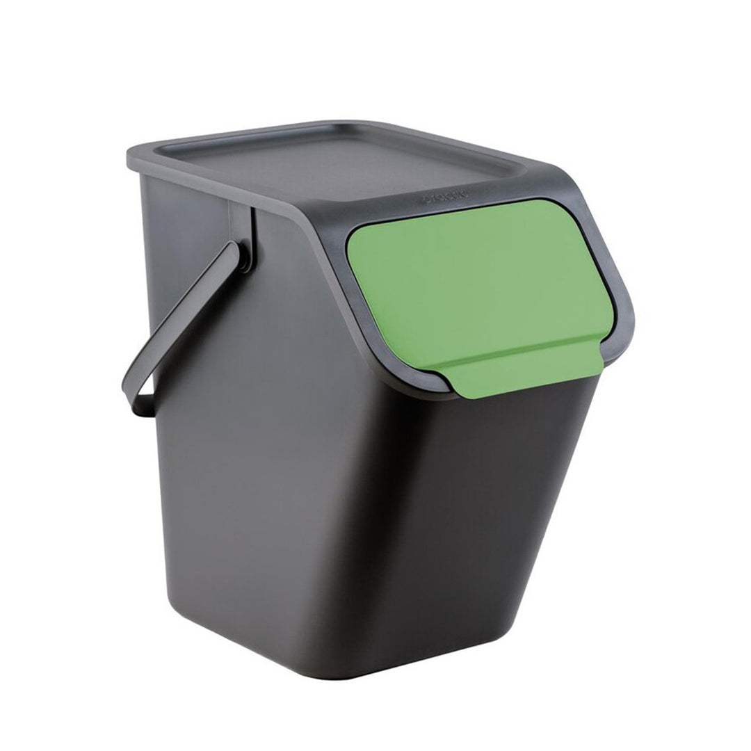 Set med 4 svarta BINI-behållare à 25 liter, med svarta lock, lockfärger: gul, blå, grön, brun + 5 stycken kolfilter