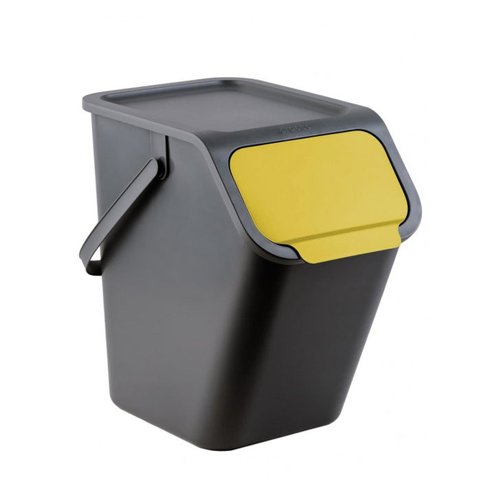 Set med 4 svarta BINI-behållare à 25 liter, med svarta lock, lockfärger: gul, blå, grön, brun + 5 stycken kolfilter