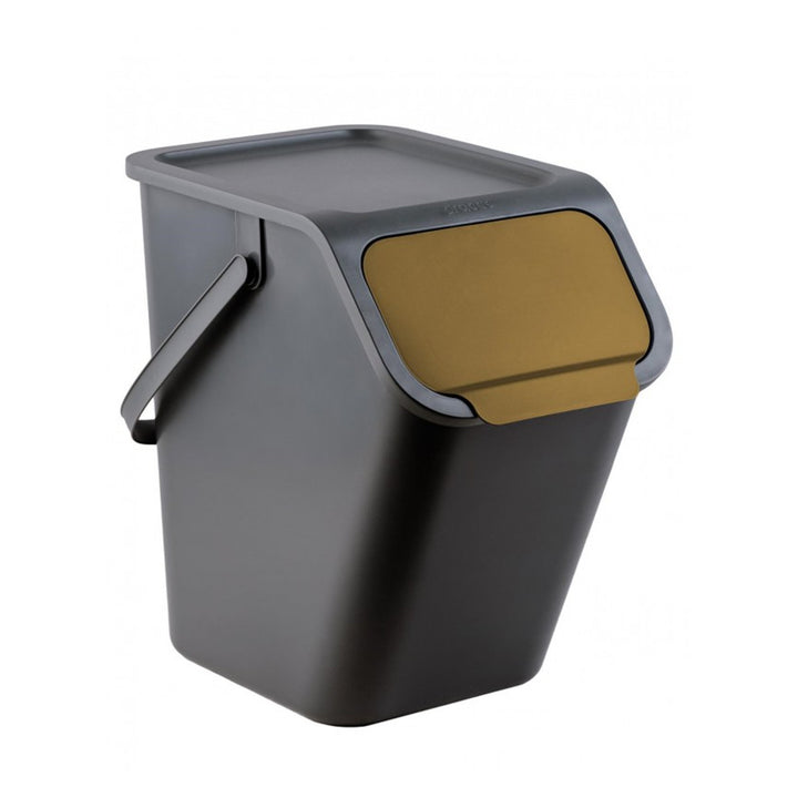 Set med 4 svarta BINI-behållare à 25 liter, med svarta lock, lockfärger: gul, blå, grön, brun + 5 stycken kolfilter