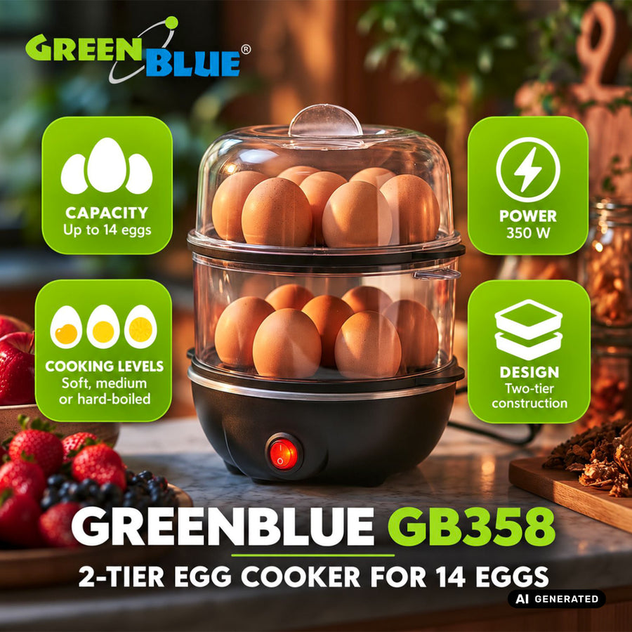 GreenBlue 2-våningars äggkokare för 14 ägg, effekt 350 W, för upp till 14 ägg, 220–240 V~, 50/60 Hz, GB358