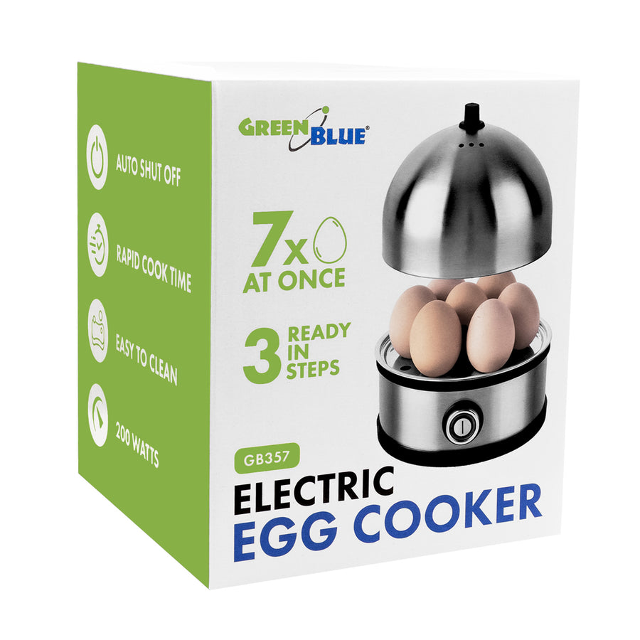 GreenBlue äggkokare i rostfritt stål, effekt 200 W, för upp till 7 ägg, måttskål, 220–240 V~, 50/60 Hz, GB357