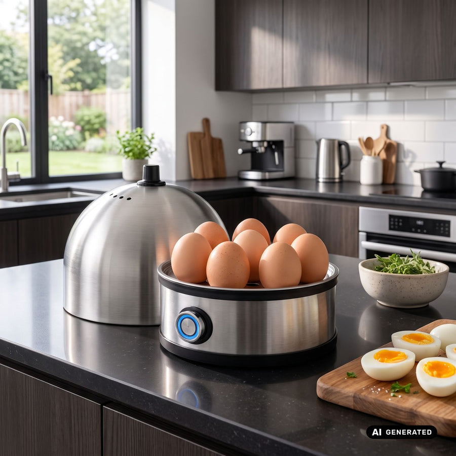 GreenBlue äggkokare i rostfritt stål, effekt 200 W, för upp till 7 ägg, måttskål, 220–240 V~, 50/60 Hz, GB357