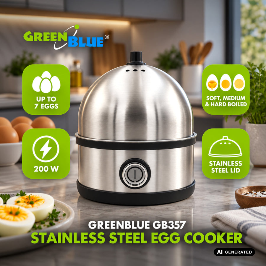 GreenBlue äggkokare i rostfritt stål, effekt 200 W, för upp till 7 ägg, måttskål, 220–240 V~, 50/60 Hz, GB357