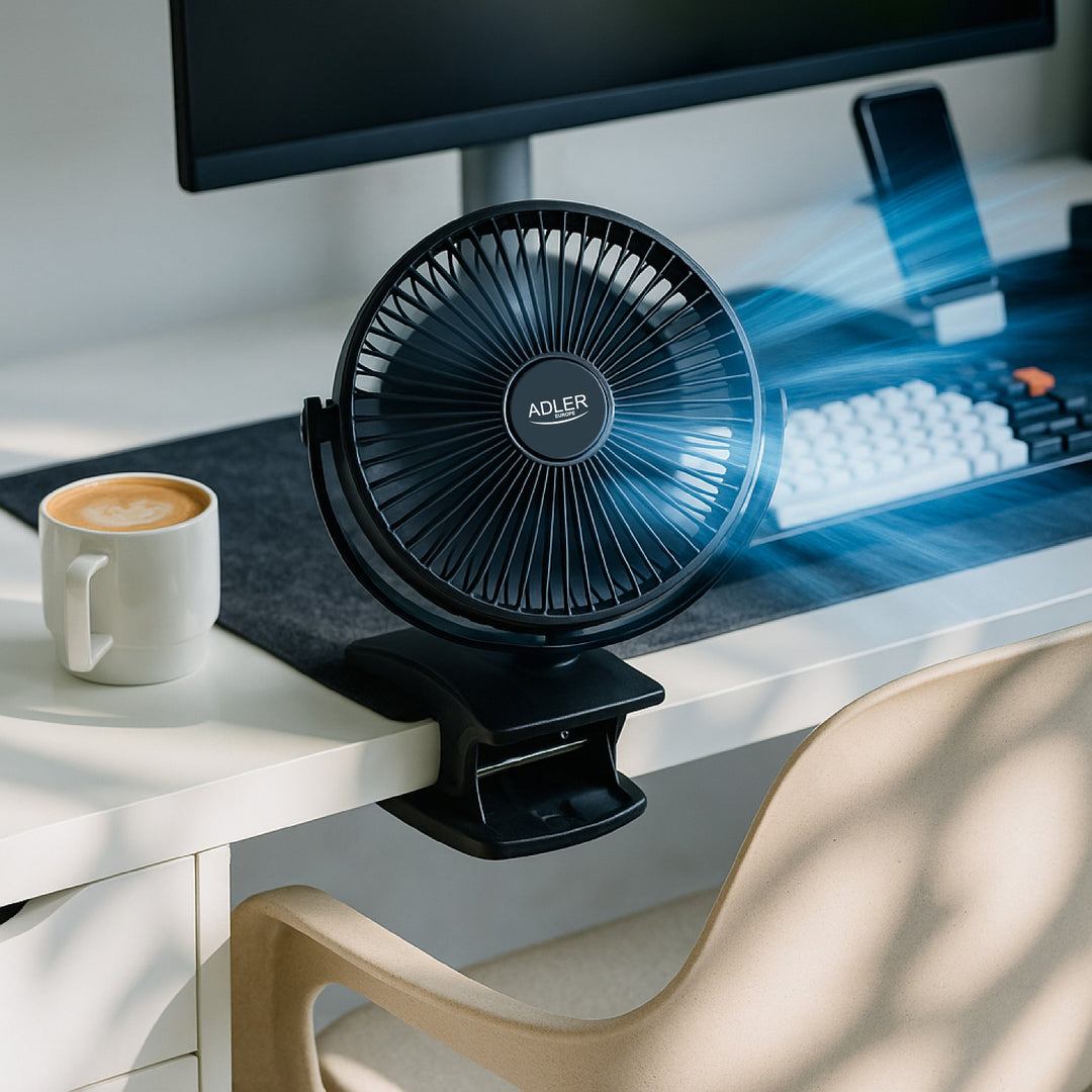 Bordsfläkt med klämma, batteridriven, 15,5 cm, 360° vridbar, USB-C, Adler