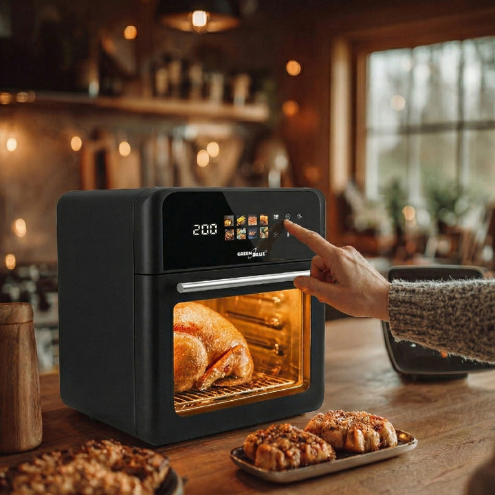 GreenBlue AIR FRYER fettfri fritös, kraftfull 1800 W, 10 liters kapacitet, 8 program, tillbehör, timer, GB950 + mattermometer/matprob, GreenBlue GB178