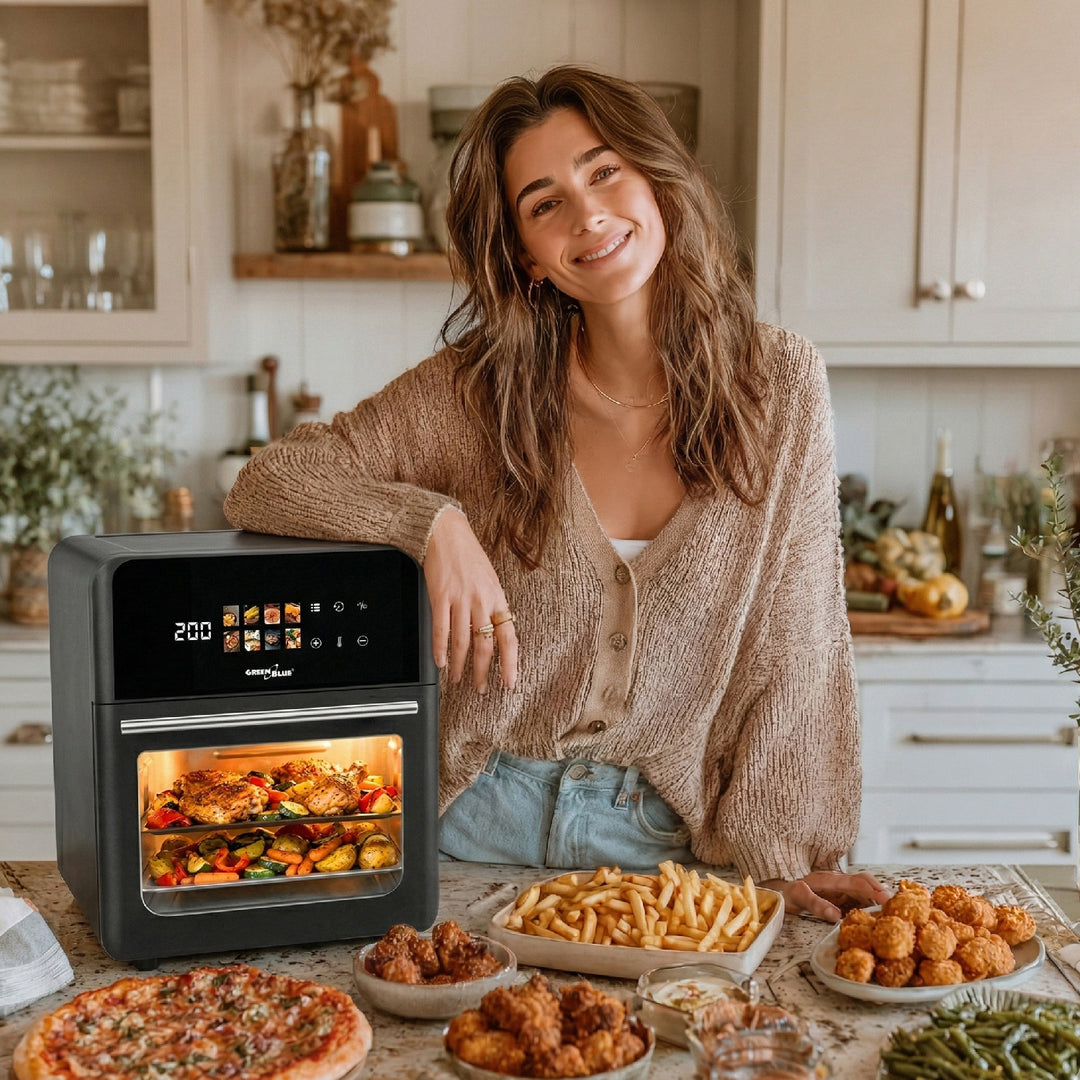 GreenBlue AIR FRYER fettfri fritös, kraftfull 1800 W, 10 liters kapacitet, 8 program, tillbehör, timer, GB950 + mattermometer/matprob, GreenBlue GB178