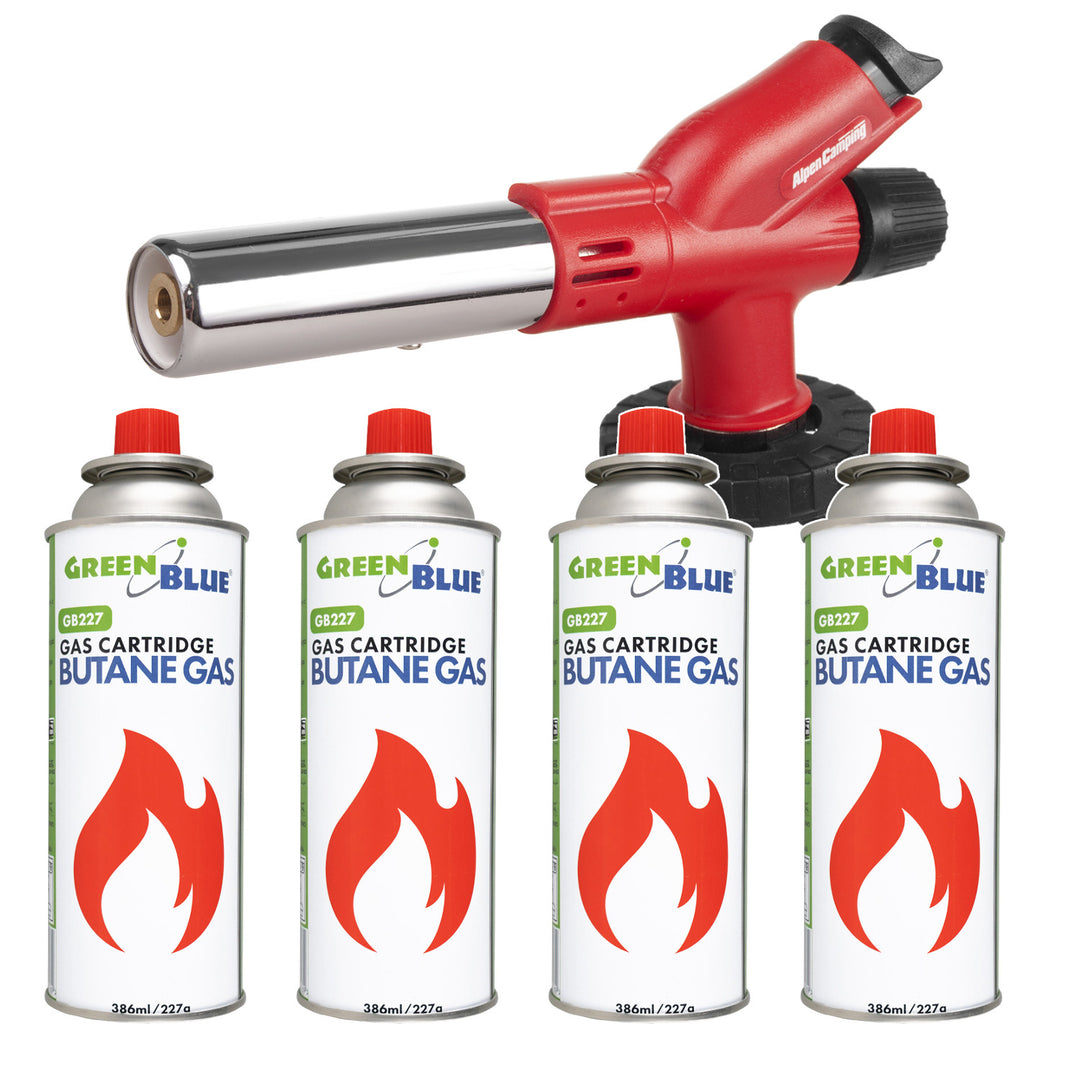 Alpen Camping gasbrännare för gaspatroner, flamtemperatur 1300 °C, piezoelektrisk tändning, flammreglering, ETNA + 4 st. gaspatroner à 227 g GreenBlue. Certifikat: Pi 0875, uppfyller standarden EN417