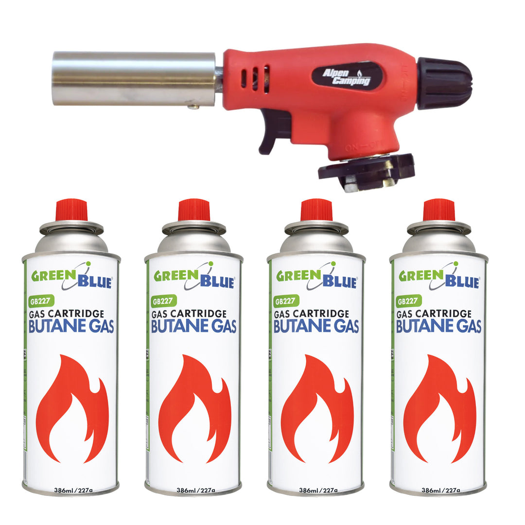 Alpen Camping gasbrännare för gaspatroner, 360° vridbar, flamtemperatur 1300 °C, piezoantändning, OLIMP + 4 st. gaspatroner à 227 g GreenBlue. Certifikat: Pi 0875, uppfyller standarden EN417