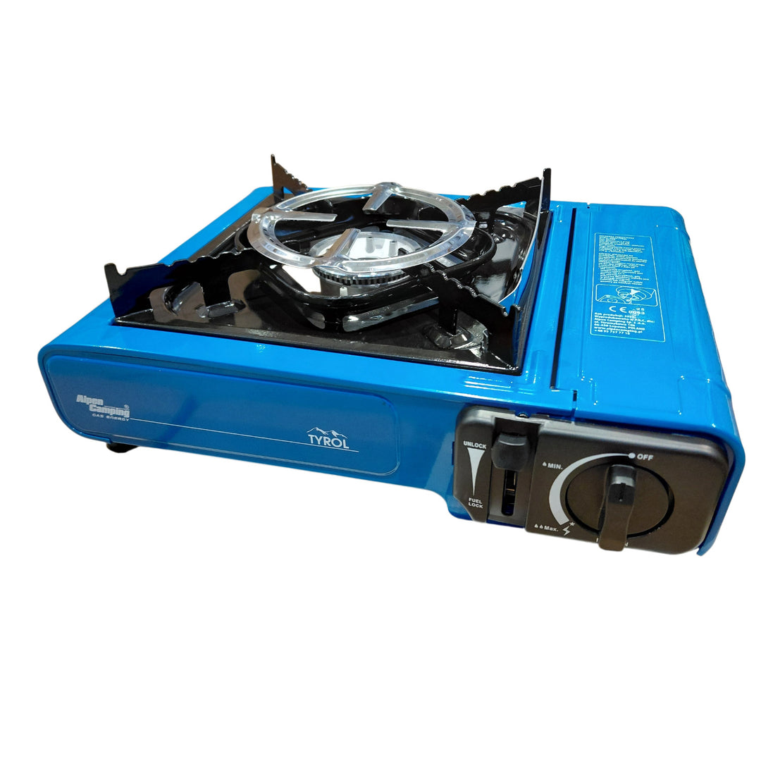 Alpen Camping campingkök, effekt: 2,0 kW, gasförbrukning 146 g/h, piezoelektrisk tändning, TYROL+ 4 st gaspatroner à 227 g GreenBlue. Certifikat: Pi 0875, uppfyller standarden EN417
