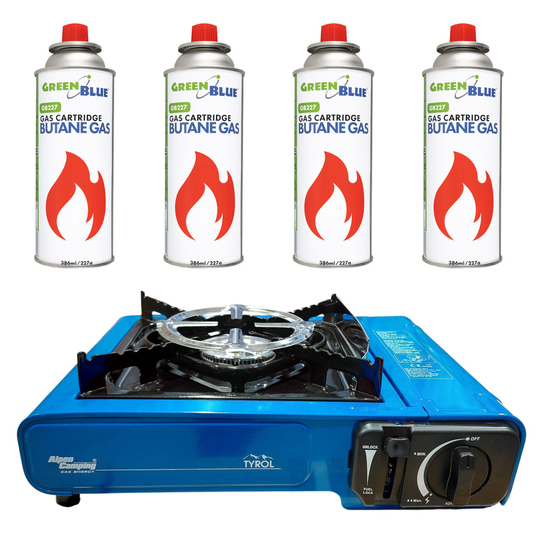 Alpen Camping campingkök, effekt: 2,0 kW, gasförbrukning 146 g/h, piezoelektrisk tändning, TYROL+ 4 st gaspatroner à 227 g GreenBlue. Certifikat: Pi 0875, uppfyller standarden EN417