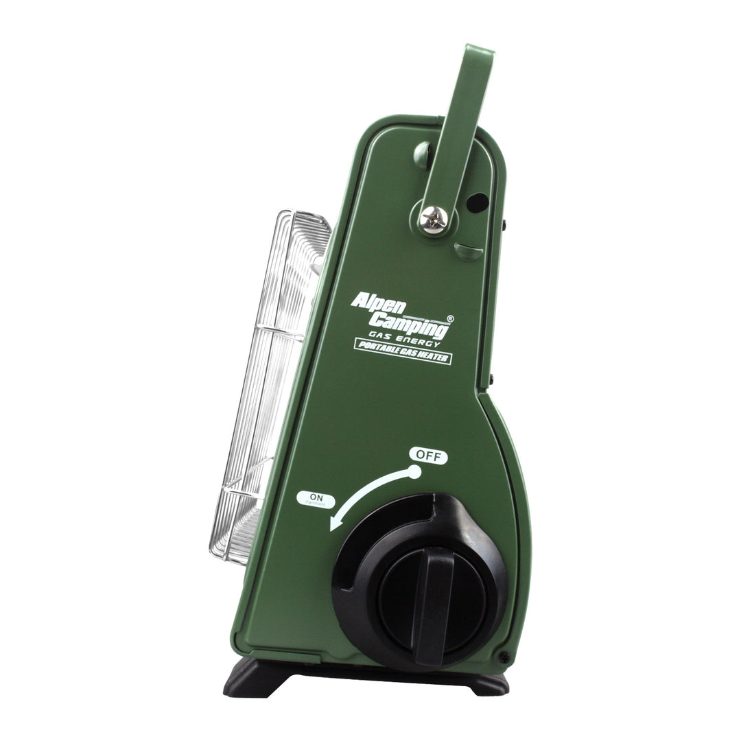 Alpen Camping bärbar gaskamin, 2-i-1, gasförbrukning 124 g/h, piezoelektrisk tändning, ICELAND IK-1000 PRO+ 4 st gaspatroner à 227 g GreenBlue. Certifikat: Pi 0875, uppfyller standarden EN417