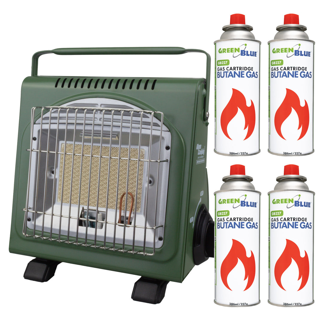 Alpen Camping bärbar gaskamin, 2-i-1, gasförbrukning 124 g/h, piezoelektrisk tändning, ICELAND IK-1000 PRO+ 4 st gaspatroner à 227 g GreenBlue. Certifikat: Pi 0875, uppfyller standarden EN417
