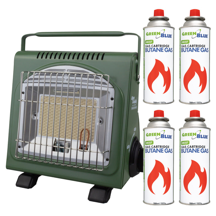 Alpen Camping bärbar gaskamin, 2-i-1, gasförbrukning 124 g/h, piezoelektrisk tändning, ICELAND IK-1000 PRO+ 4 st gaspatroner à 227 g GreenBlue. Certifikat: Pi 0875, uppfyller standarden EN417