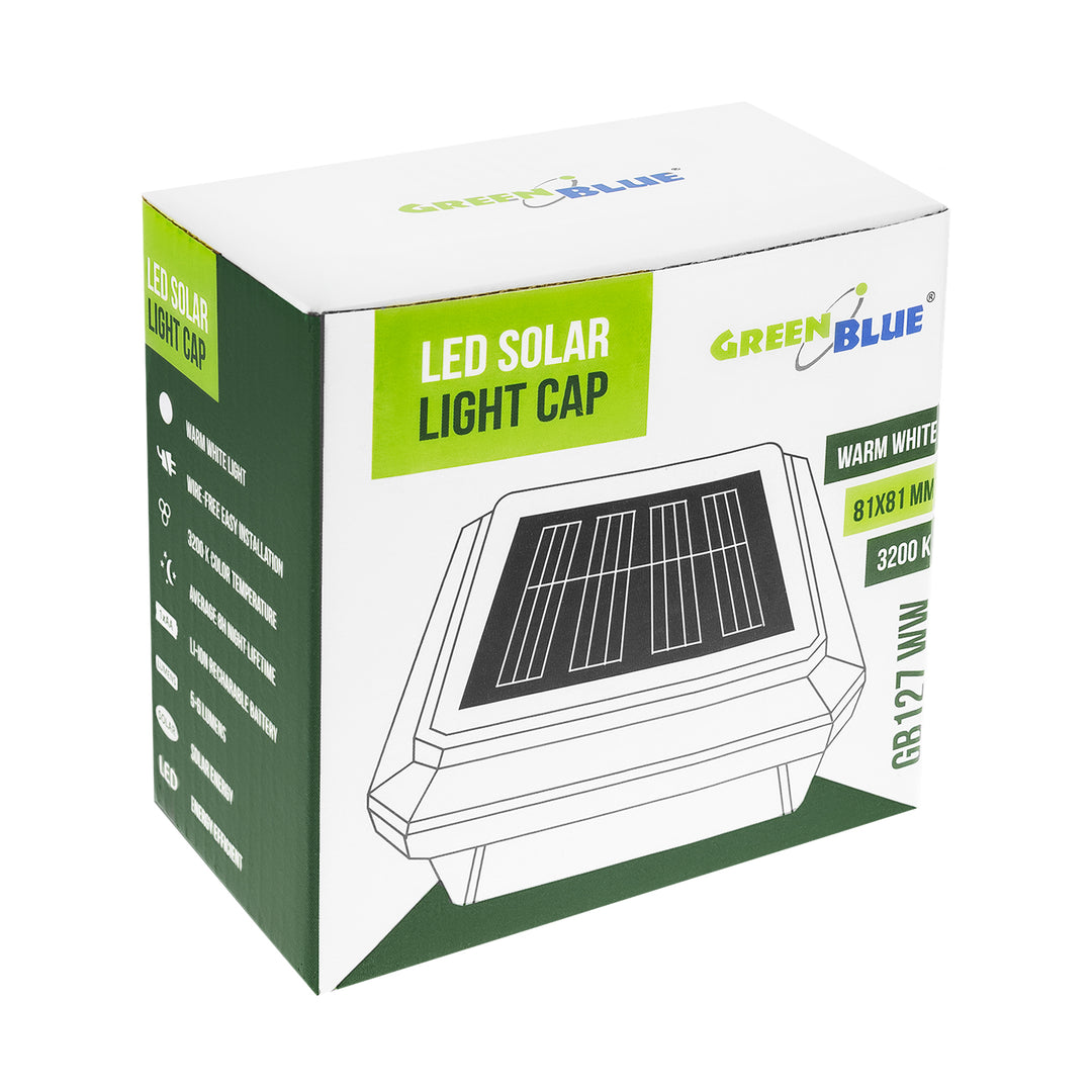 GreenBlue solcellsdriven LED-stolplampa, 80x80 mm, kuvertformad takskärm, 3200 K, GB127 WW, 2 st